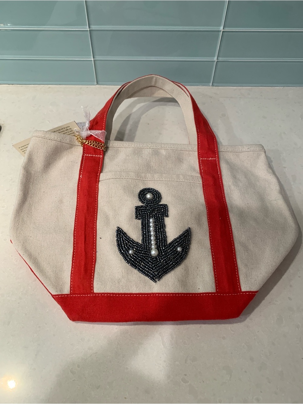 Small Canvas Tote Beaded Nautical Anchor Red Trim and Beaded Chain Pouch NWT - Picture 11 of 14